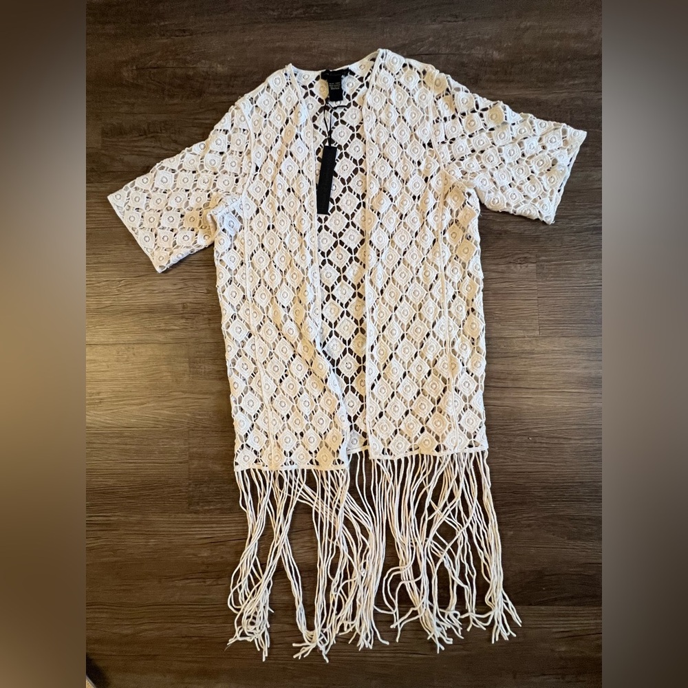 House‎ of Harlow 1960 Bohemian Crochet  Tassel Cardigan OS Beige Festival B12